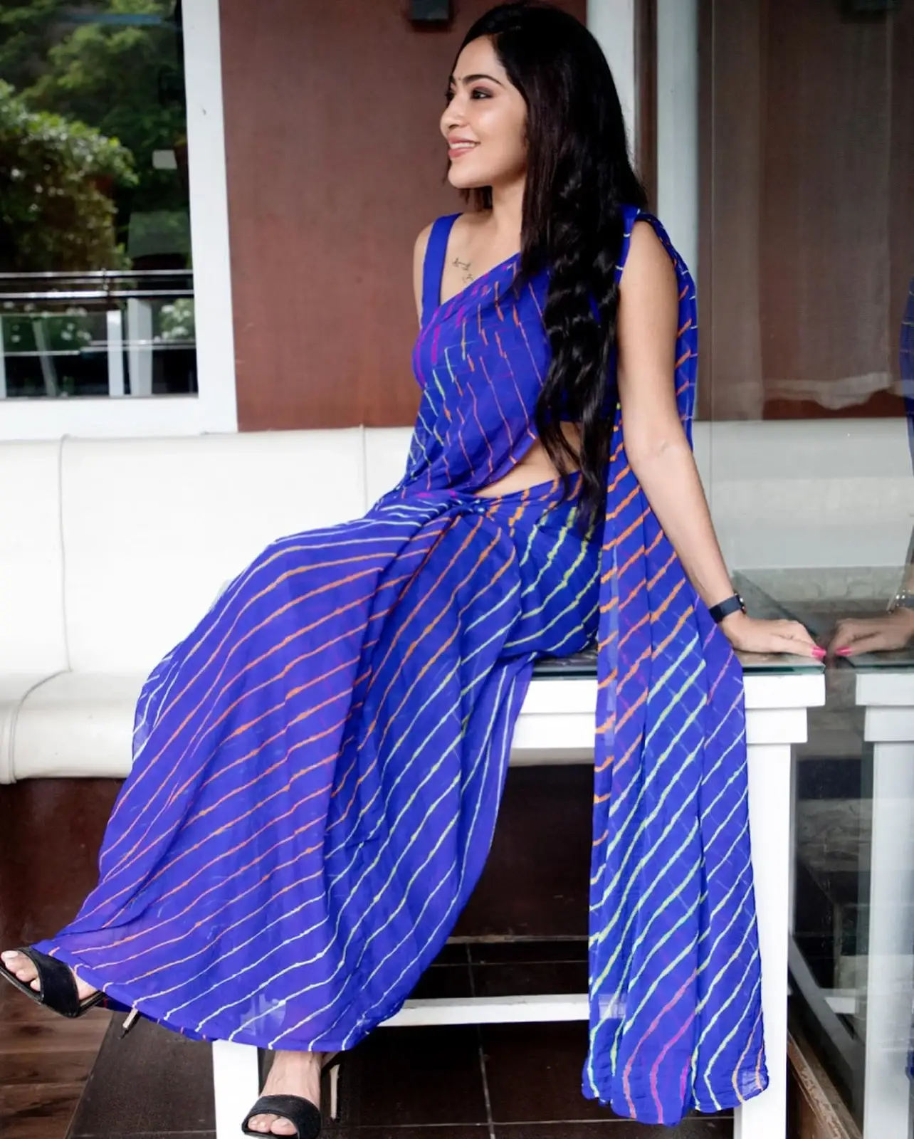 TV Actress Ramya Subramanian In Sleeveless Blue Saree